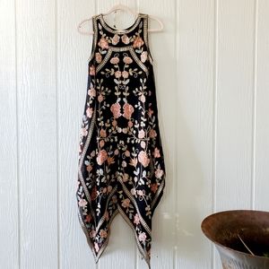 Tolani Black and Pink Floral Midi Dress with Handkerchief Hem